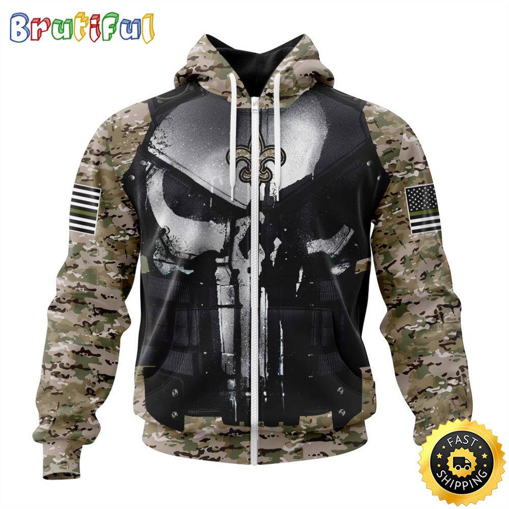 NFL New Orleans Saints Zip Hoodie 3D All Over Print Punisher Skull Camo Veteran Kits Custom Name And Number Hoodie