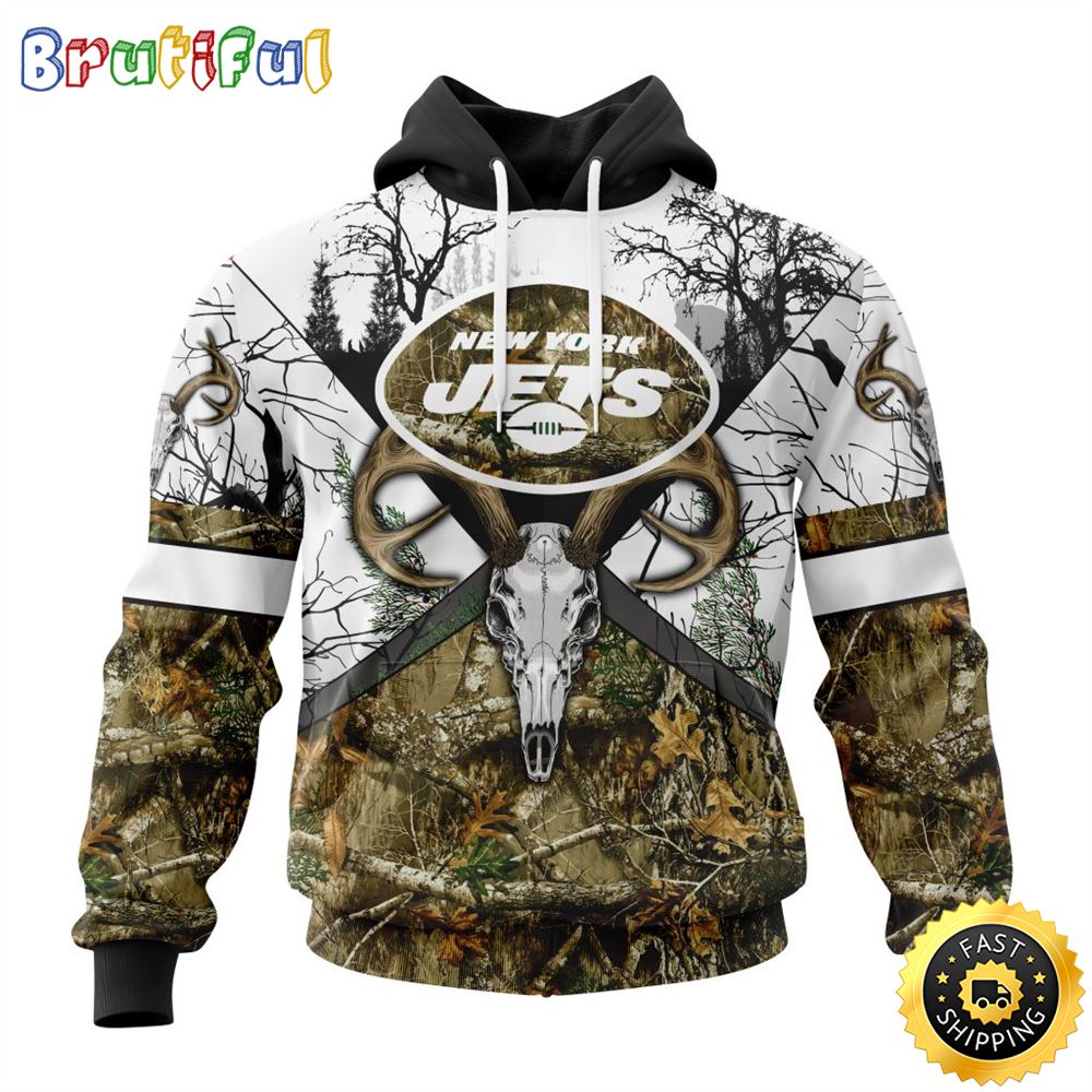 NFL New York Jets 3D Hoodie All Over Print Deer Skull And Forest Pattern Custom Name And Number Hoodie