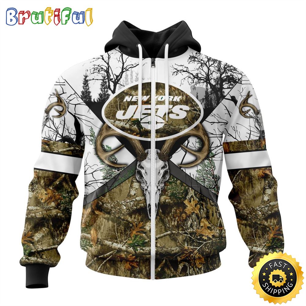 NFL New York Jets Zip Hoodie 3D All Over Print Deer Skull And Forest Pattern Custom Name And Number Hoodie