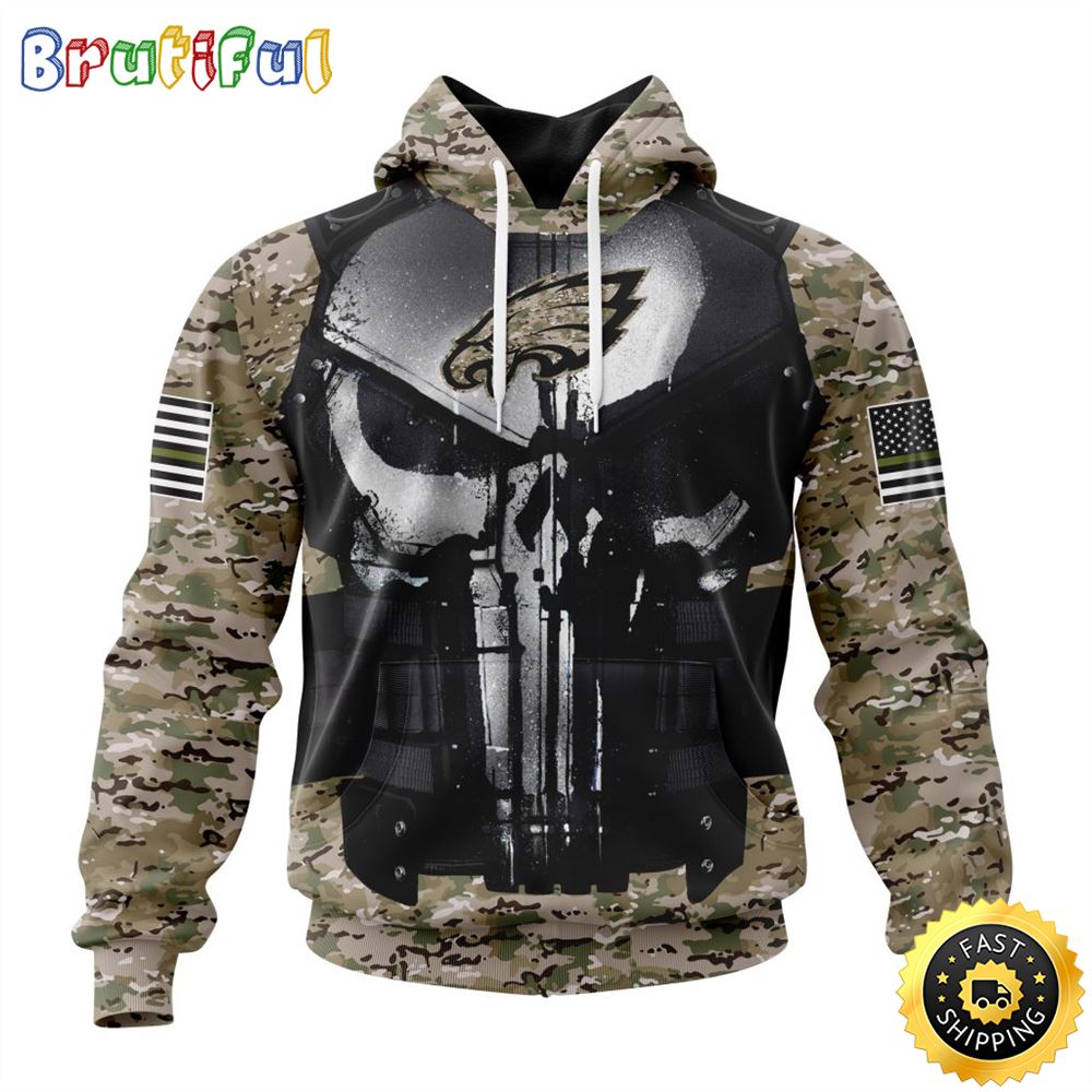 NFL Philadelphia Eagles 3D Hoodie All Over Print Punisher Skull Camo Veteran Kits Custom Name And Number Hoodie