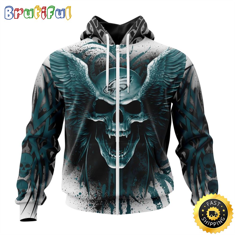 NFL Philadelphia Eagles Zip Hoodie 3D All Over Print Special Kits With Skull Unite In Team Colors