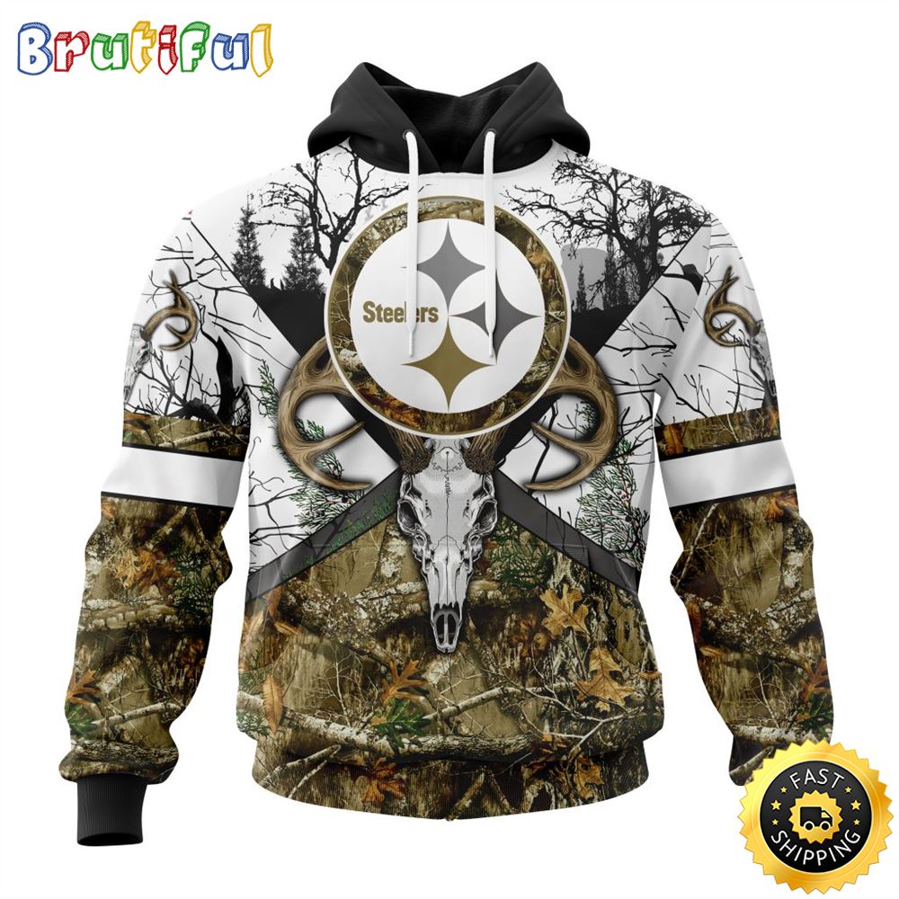 NFL Pittsburgh Steelers 3D Hoodie All Over Print Deer Skull And Forest Pattern Custom Name And Number Hoodie