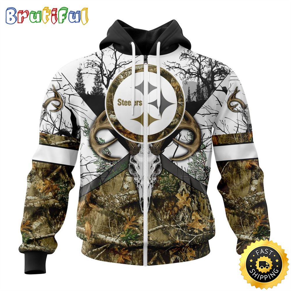 NFL Pittsburgh Steelers Zip Hoodie 3D All Over Print Deer Skull And Forest Pattern Custom Name And Number Hoodie