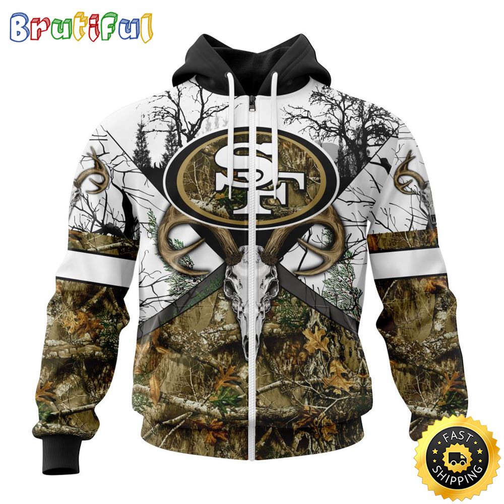 NFL San Francisco 49ers Zip Hoodie 3D All Over Print Deer Skull And Forest Pattern Custom Name And Number Hoodie