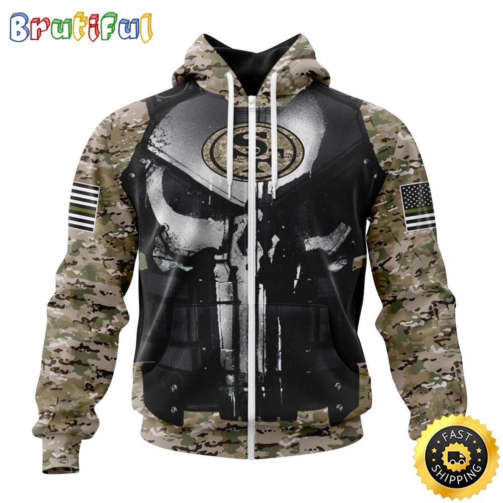 NFL San Francisco 49ers Zip Hoodie 3D All Over Print Punisher Skull Camo Veteran Kits Custom Name And Number Hoodie