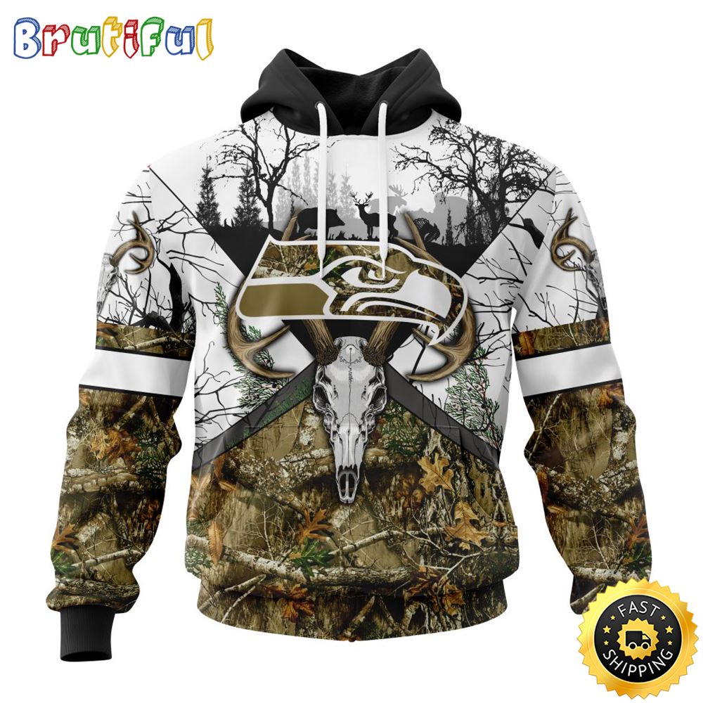 NFL Seattle Seahawks 3D Hoodie All Over Print Deer Skull And Forest Pattern Custom Name And Number Hoodie