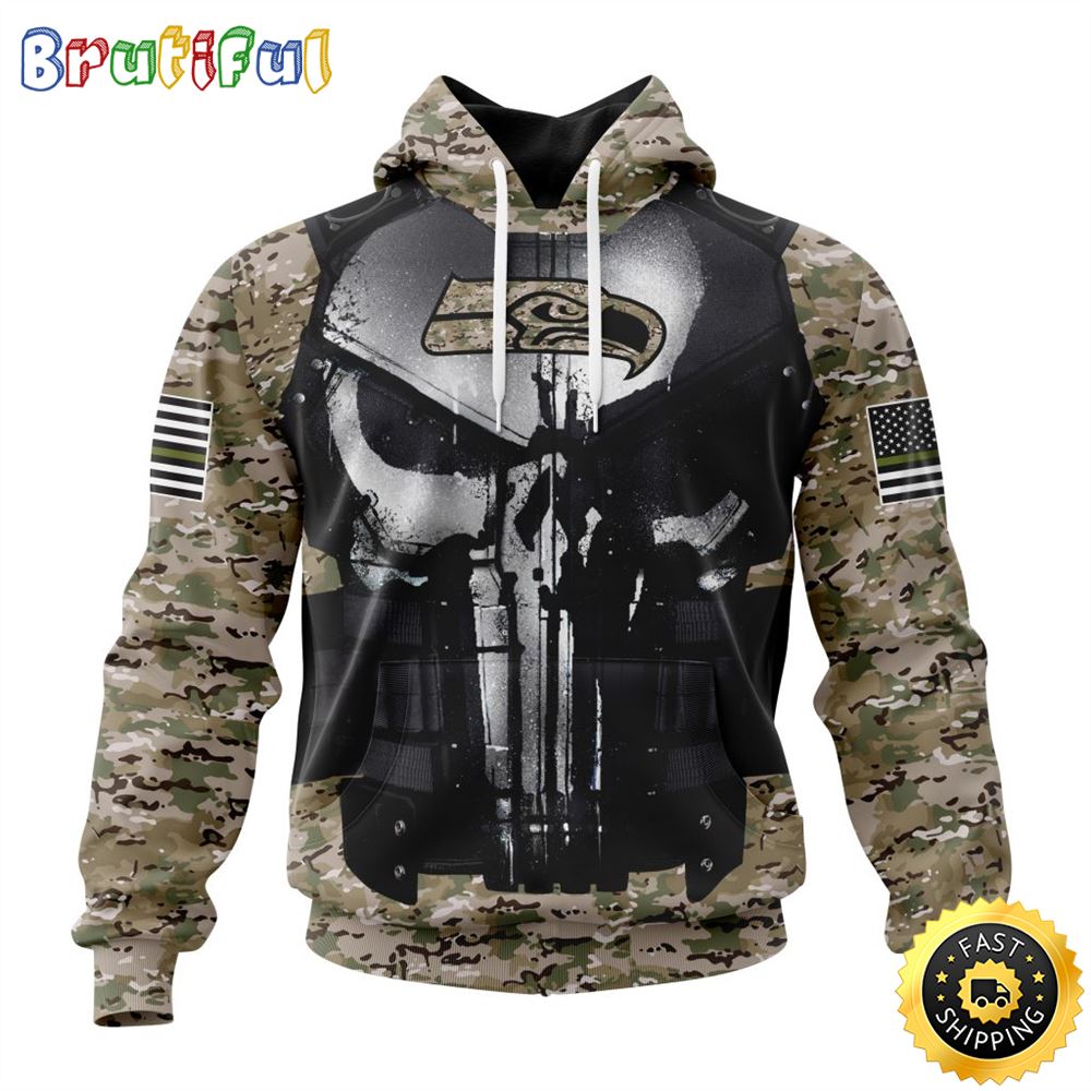 NFL Seattle Seahawks 3D Hoodie All Over Print Punisher Skull Camo Veteran Kits Custom Name And Number Hoodie