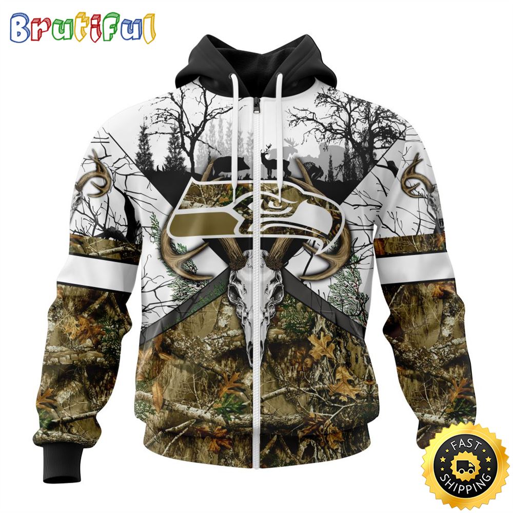 NFL Seattle Seahawks Zip Hoodie 3D All Over Print Deer Skull And Forest Pattern Custom Name And Number Hoodie