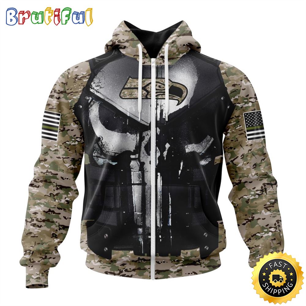 NFL Seattle Seahawks Zip Hoodie 3D All Over Print Punisher Skull Camo Veteran Kits Custom Name And Number Hoodie