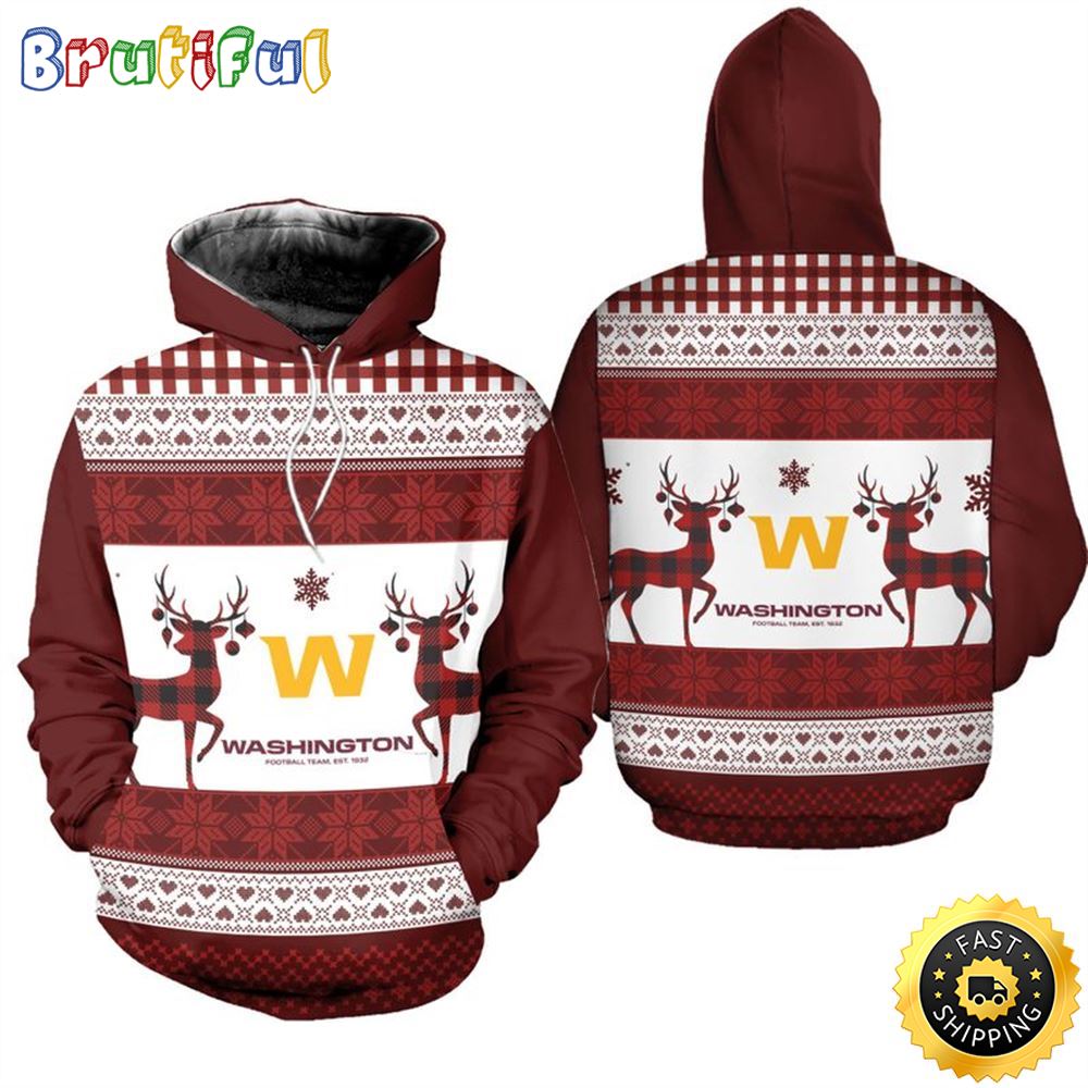 NFL Washington Commanders Reindeer Christmas Brown White Football Christmas Hoodie All Over Print Shirt