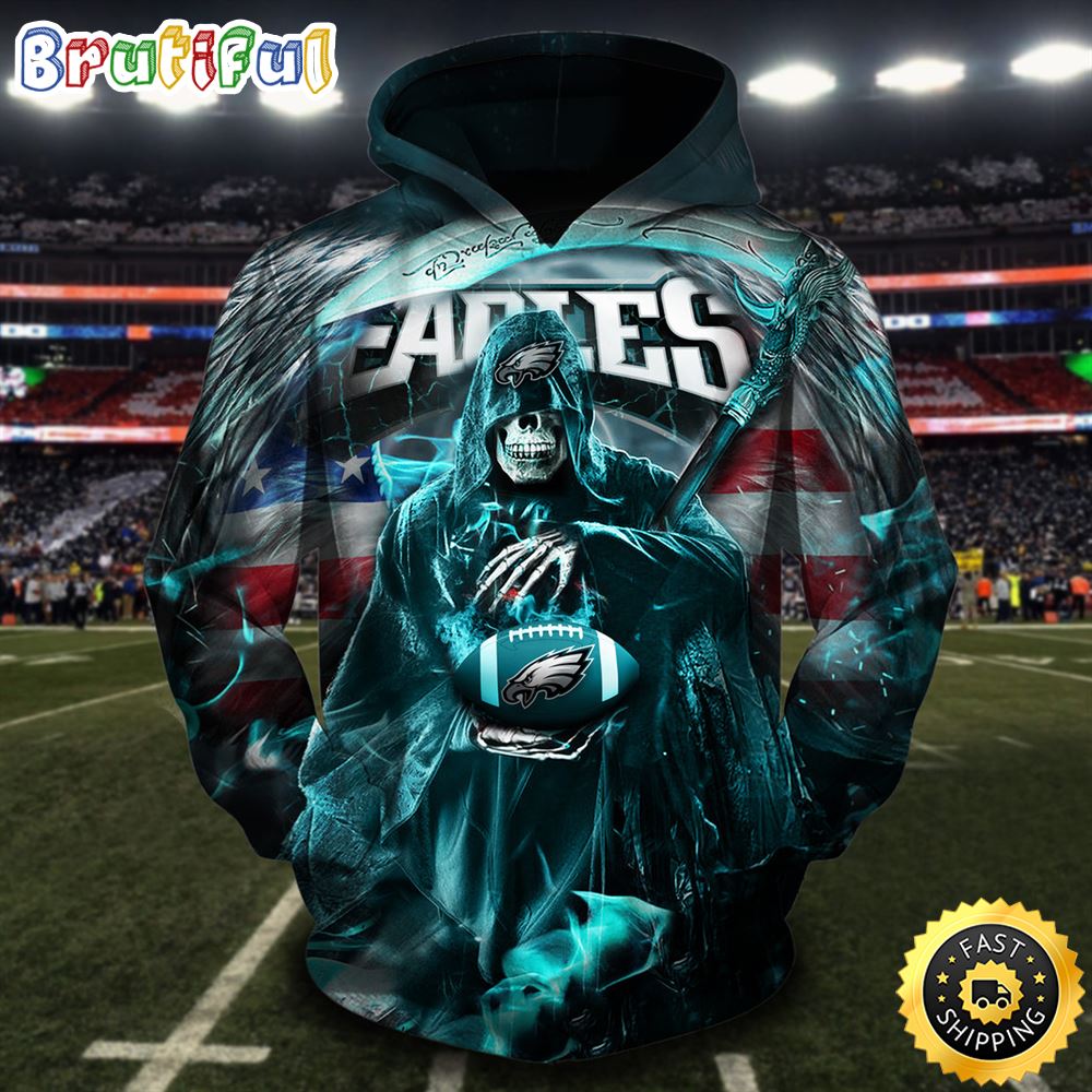 NFL.Eagles Pullover & Death Holding Football 3D Hoodie All Over Print Shirt