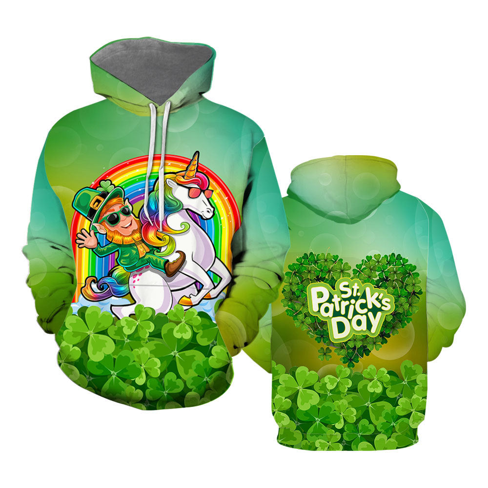 Leprechaun With Unicorn Happy Patrick’s Day Hoodie Over Print  For Men _ Women  HP5526