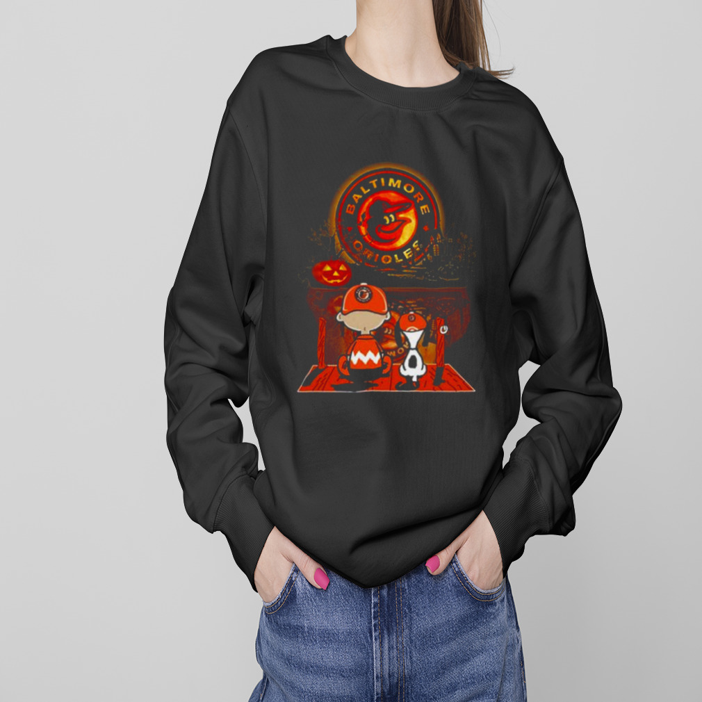 Snoopy and Charlie Brown Sit Under Moon Baltimore Orioles Halloween 2023 T- shirt, hoodie, sweater, long sleeve and tank top