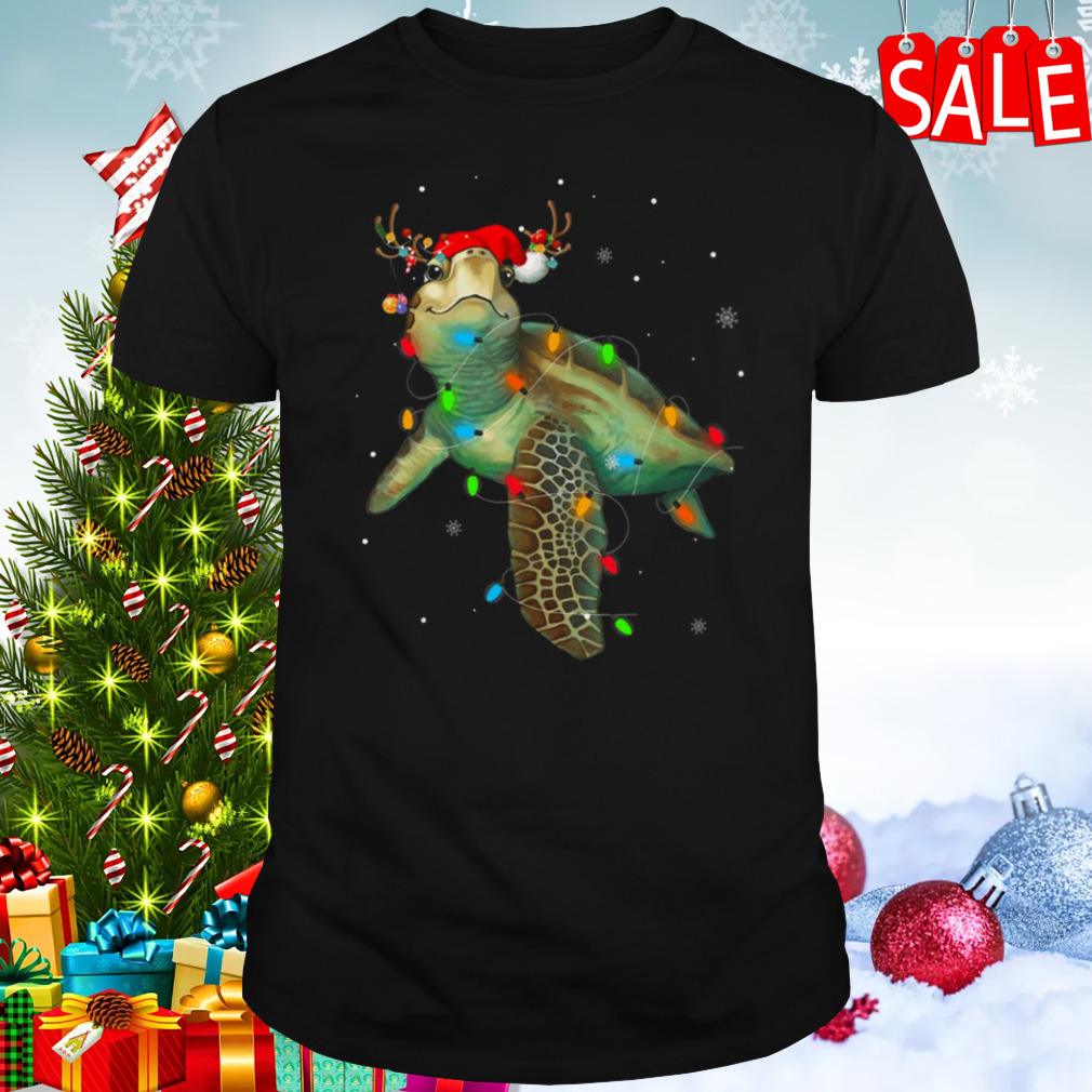 Turtle Christmas Lights Funny Santa Hat Merry Christmas shirt