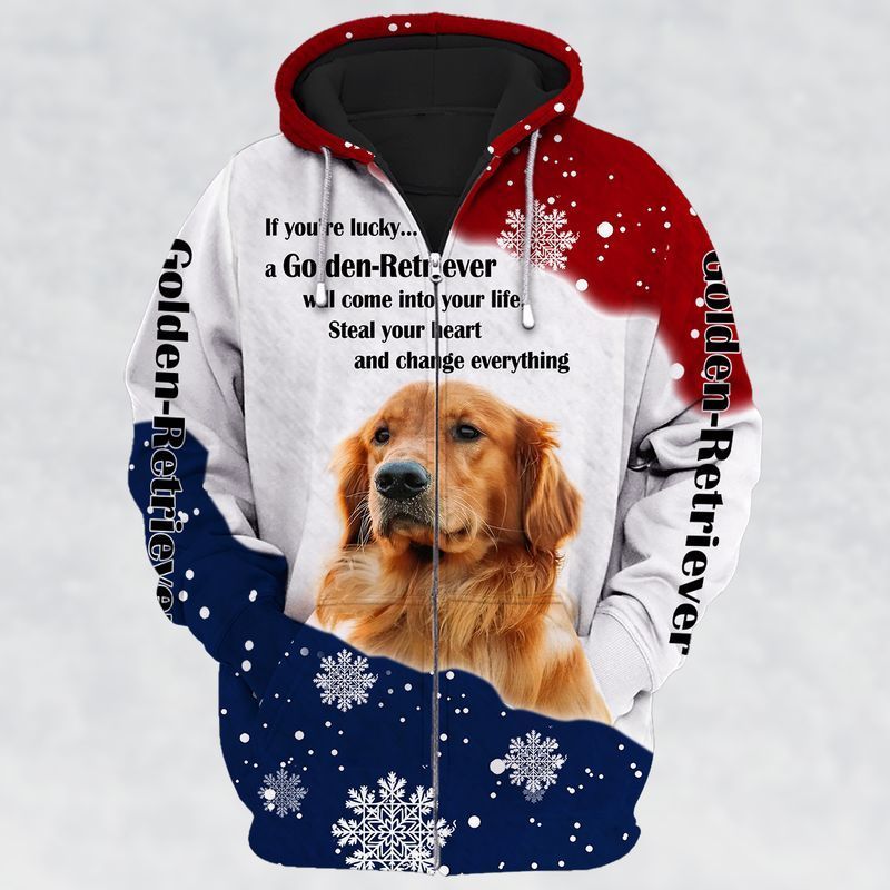 Christmas Golden Retriever Dog If Youre Lucky A Golden Retriever 3d Zip Hoodie