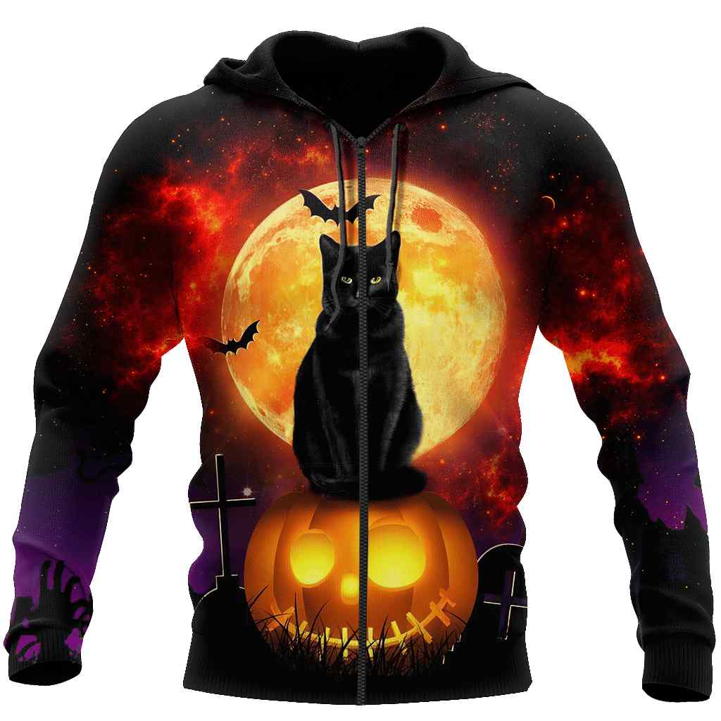 Halloween Black Cat All Over Print Unisex Zip up Hoodie