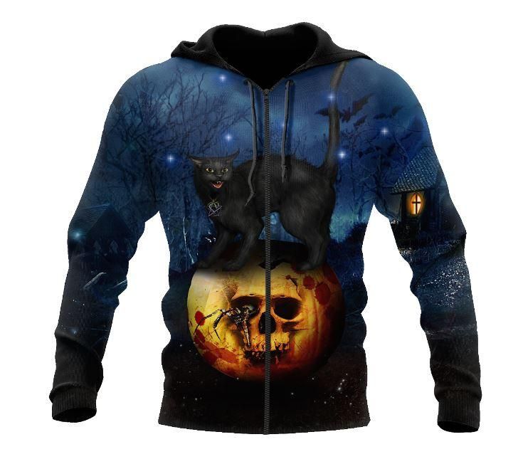 Halloween Skull Black Cat All Over Print Unisex Zip up Hoodie