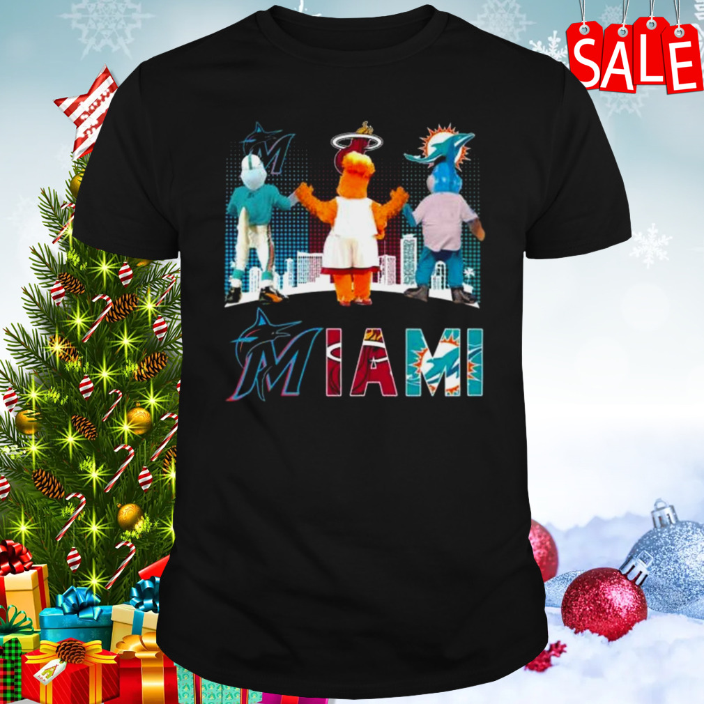 Miami Sport Teams Skyline Mascot Miami Marlins Miami Heat And Miami Dolphins Shirt