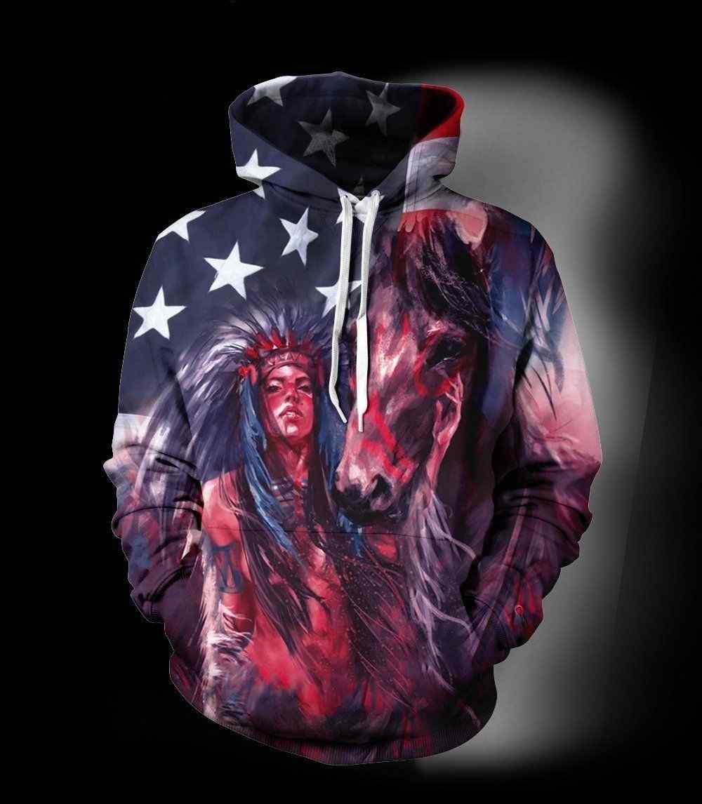 Horse Gifts All Over Print Horse Native American Indian Girl Headdress US Unisex Size Hoodie