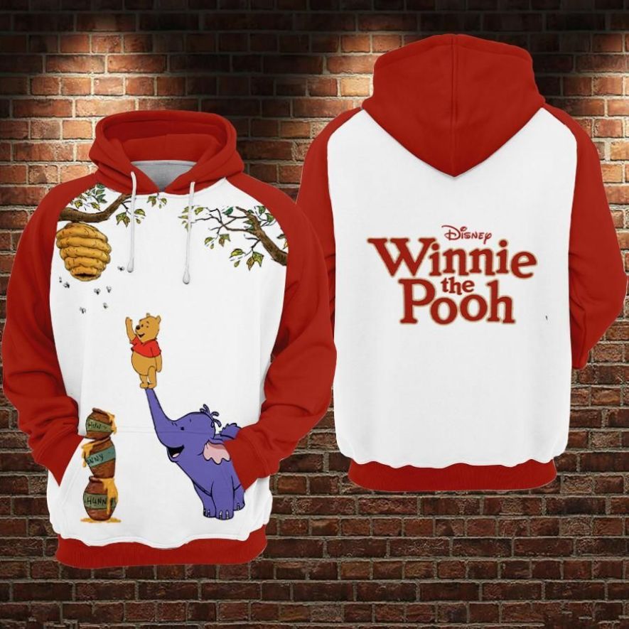 Pooh And Elephant Cartoon Winnie The Pooh Movies Disney Over Print 3d Zip Hoodie