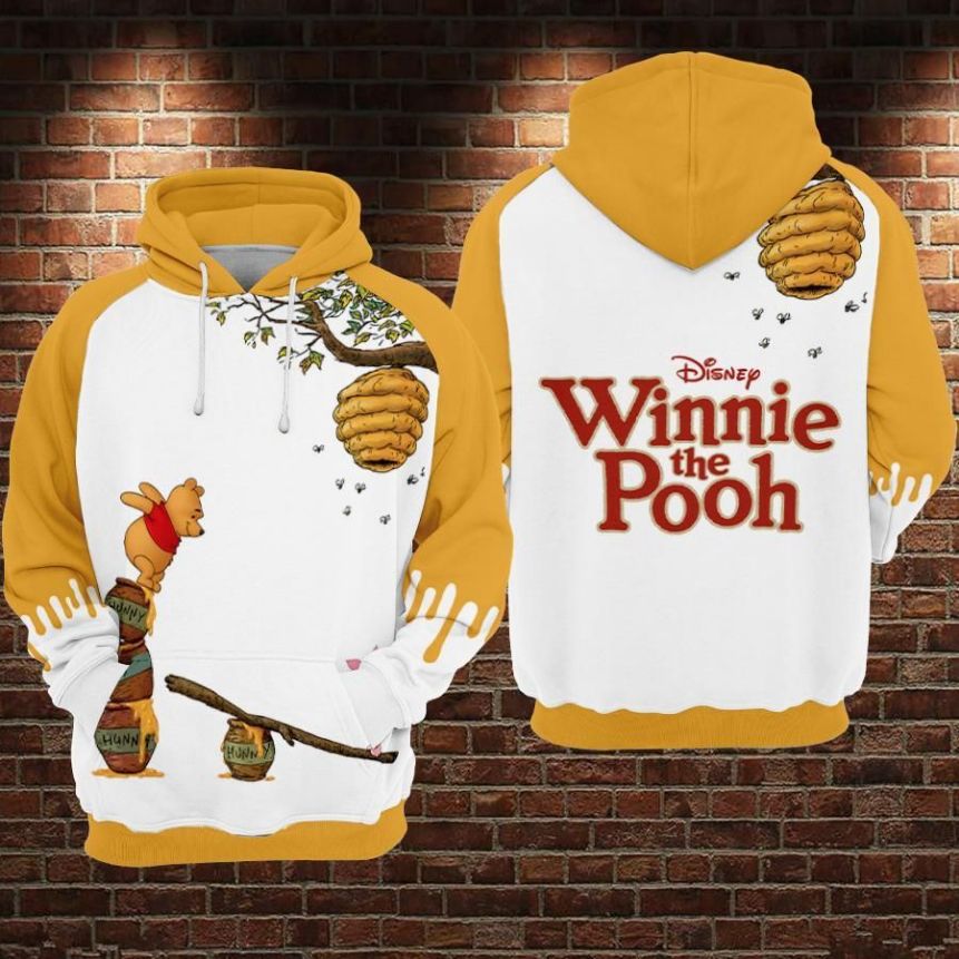 Pooh Cartoon Winnie The Pooh Movies Disney Over Print 3d Zip Hoodie