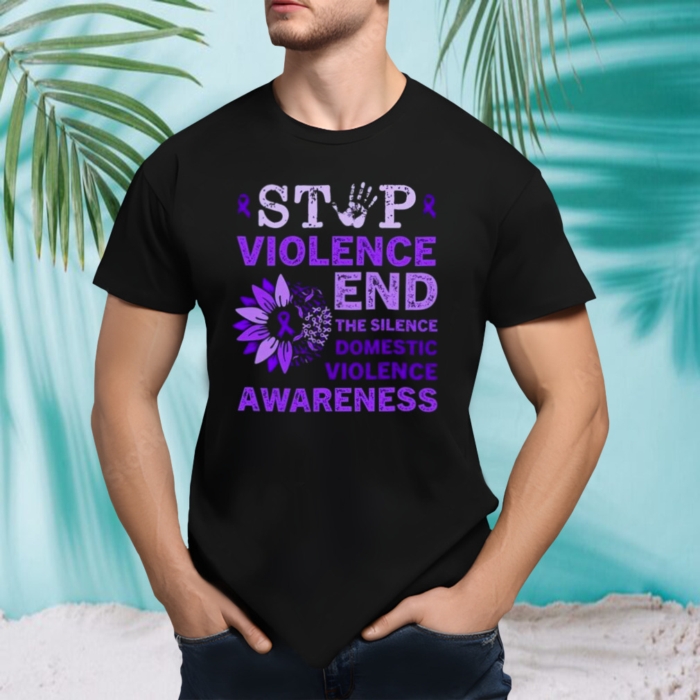 Stop Violence End The Silence Domestic Violence Awareness Purple Ribbon Sunflower T-Shirt