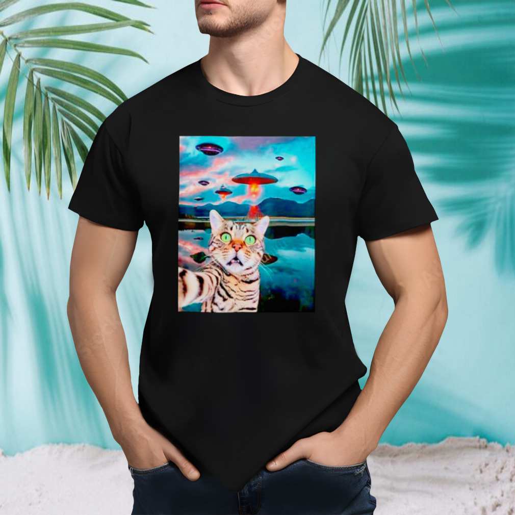 Cat Selfie with UFOs funny shirt