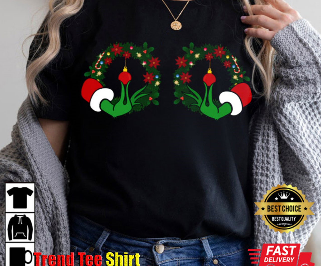 Christmas Boobies Funny Grinchs Hand Is On The Breast T-Shirt