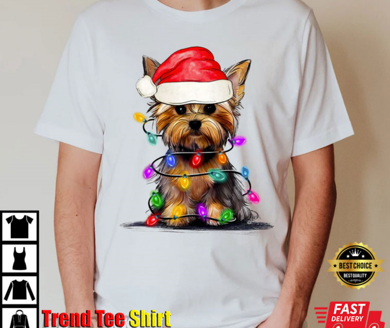 Christmas Yorkie With Xmas Lights Around Him Best T-Shirt