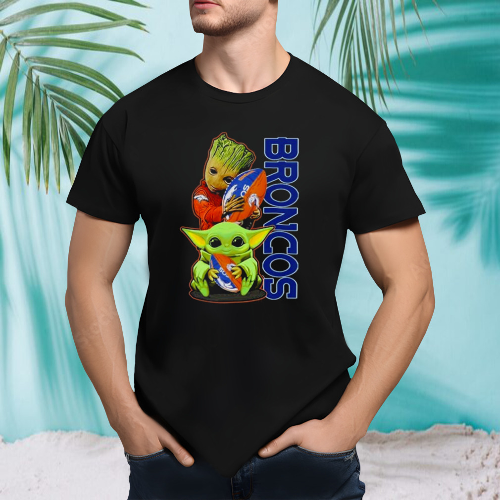 Baby Groot And Baby Yoda Hug Denver Broncos Logo T-shirt