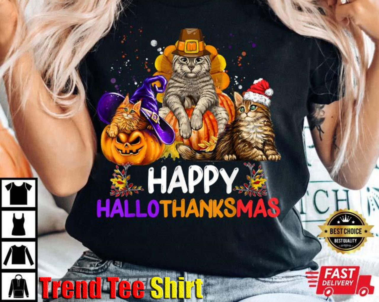 Funny Cat Happy HalloThanksMas Halloween Christmas T-Shirt