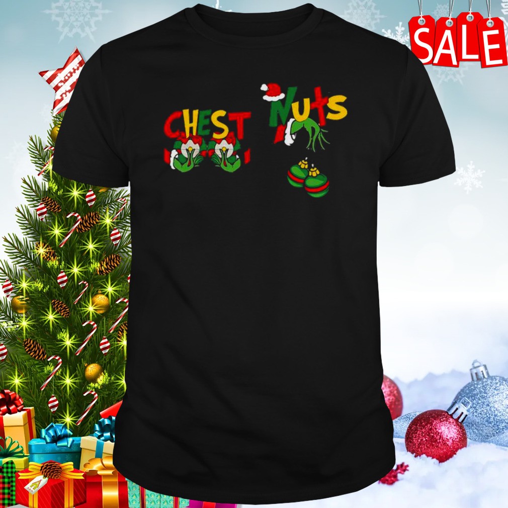 Chest And Nuts Funny Christmas Grinch Hand Holding Boobs Christmas 2023 Gift Holiday T-Shirt