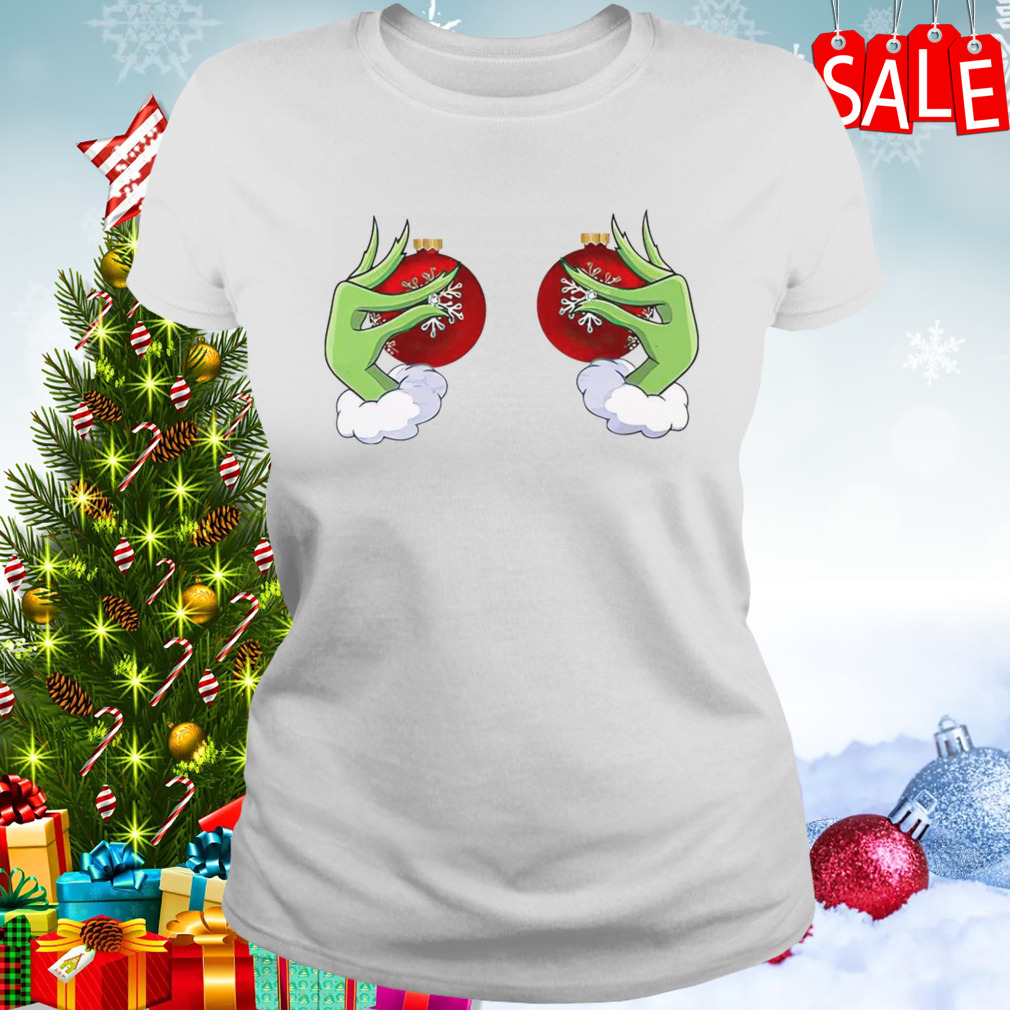 The Grinch Hand Holding Boobs Funny Christmas 2023 Holiday Gift T-Shirt