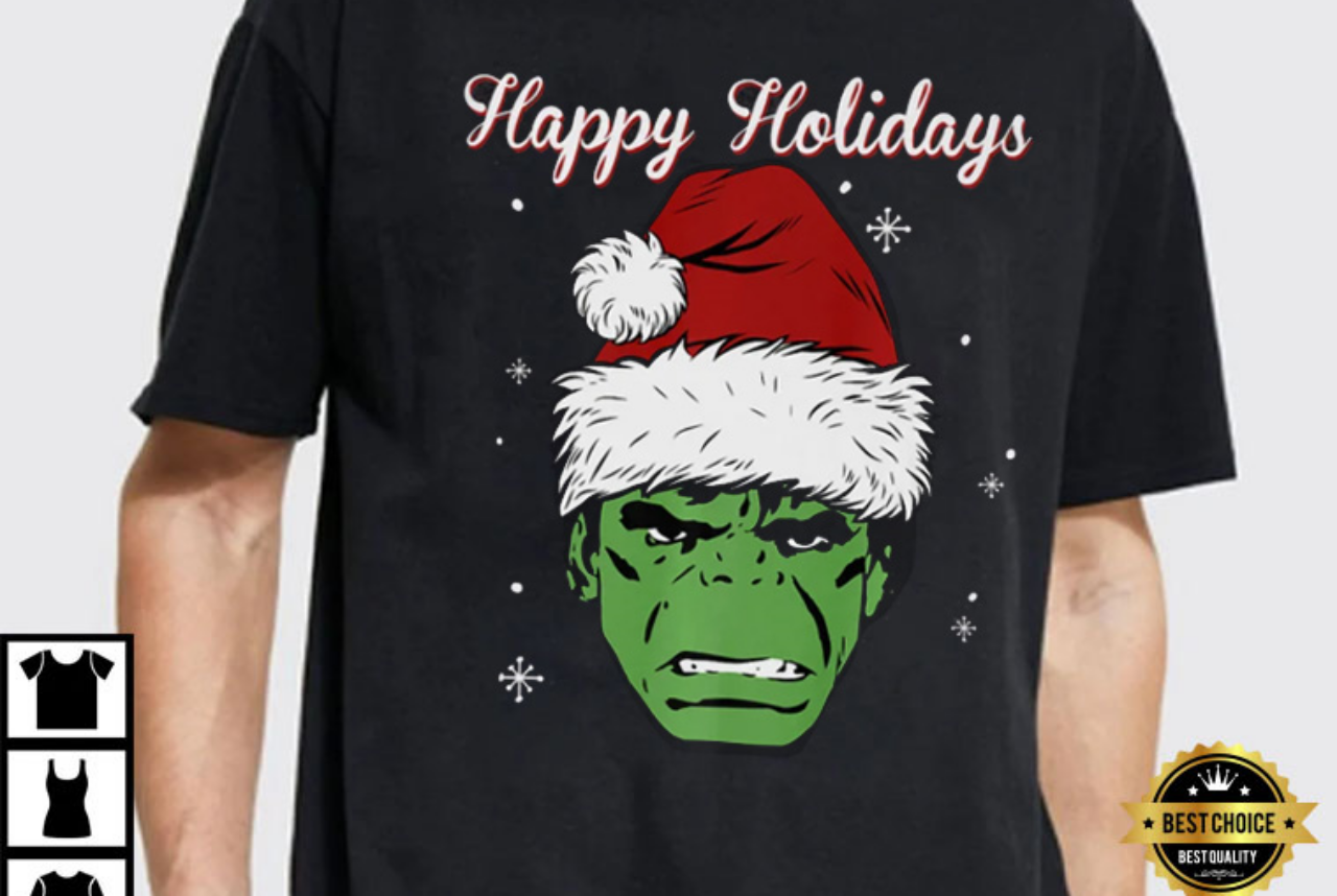 Marvel Hulk Santa Hat Happy Holidays Portrait Christmas Light T-Shirt