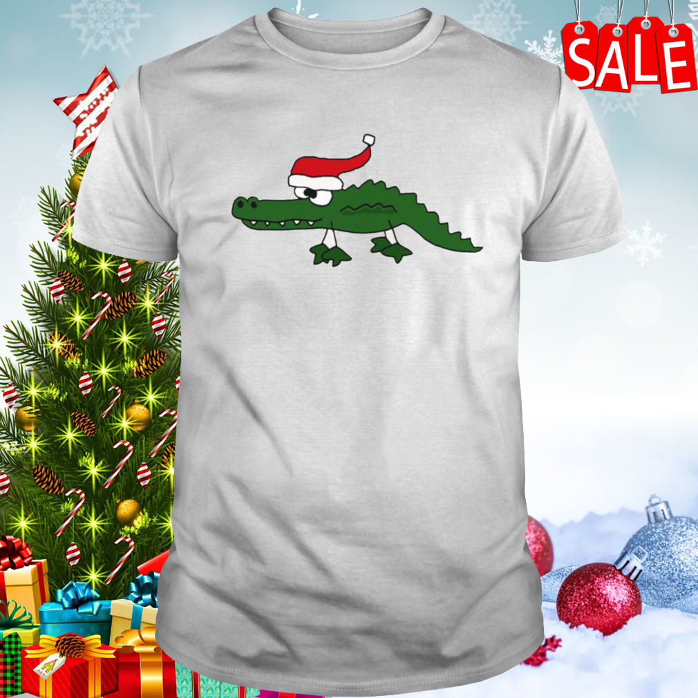 Funky Cool Green Alligator With Santa Hat Christmas Art shirt