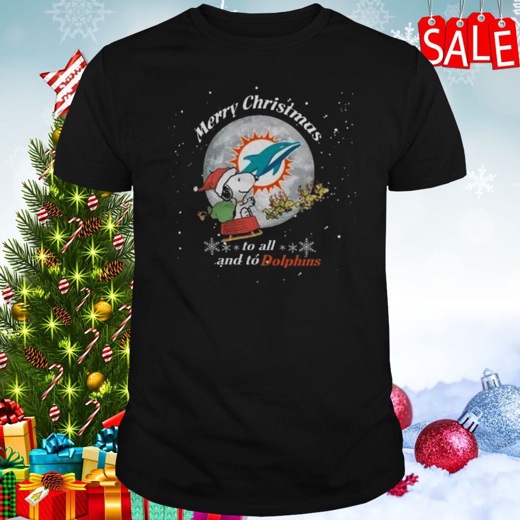 Santa Snoopy And Reindeer Woodstock Merry Christmas To All And To Miami Dolphins Shirt