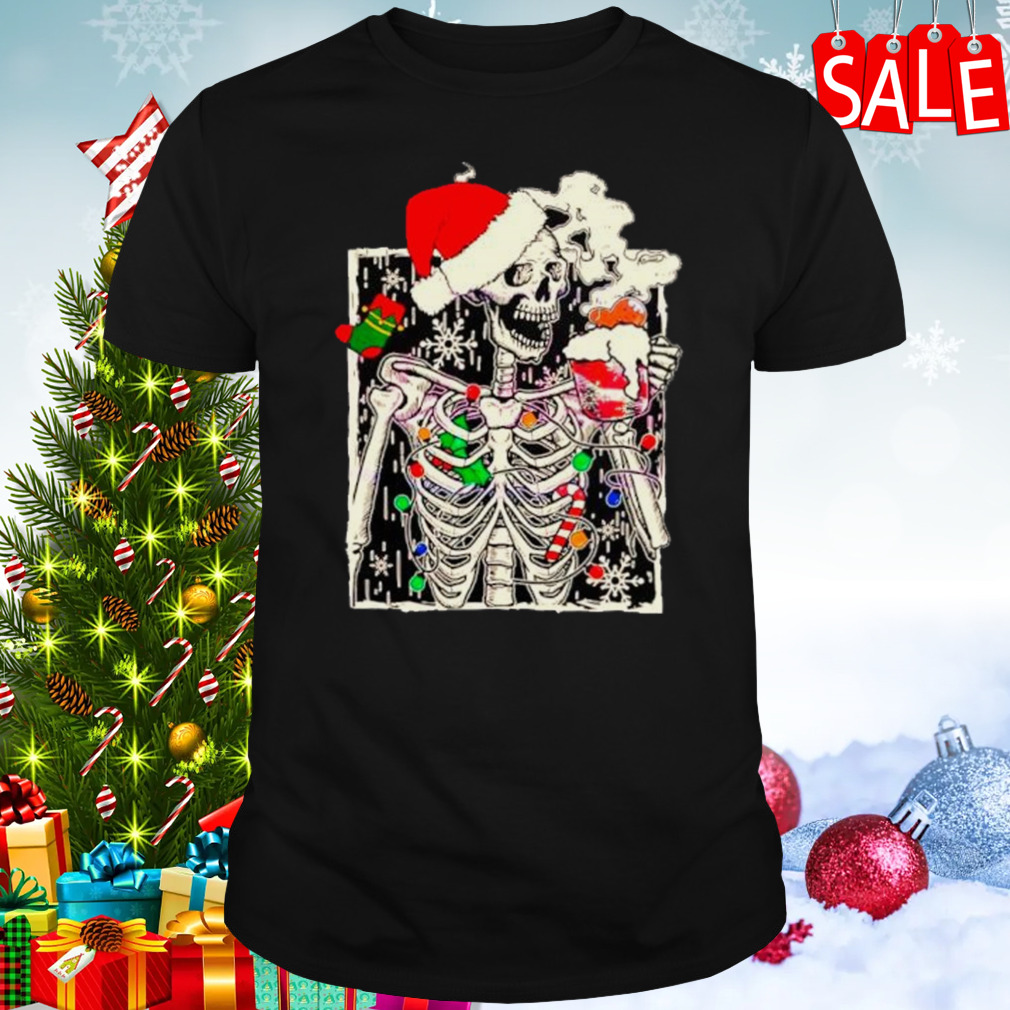 Skeleton Santa hat Christmas coffee lover shirt