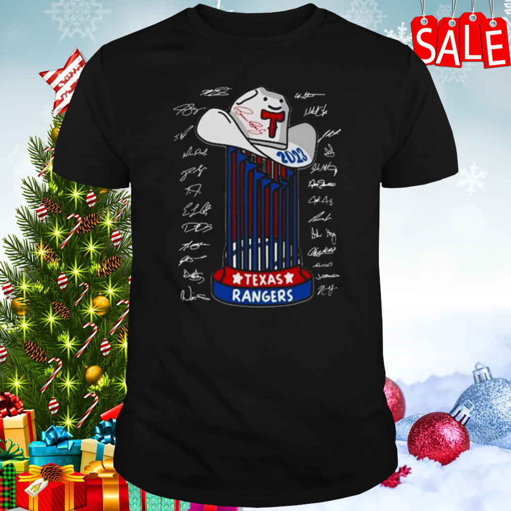 The Rangers Trophy Hat 2023 World Series Champions Signatures Shirt