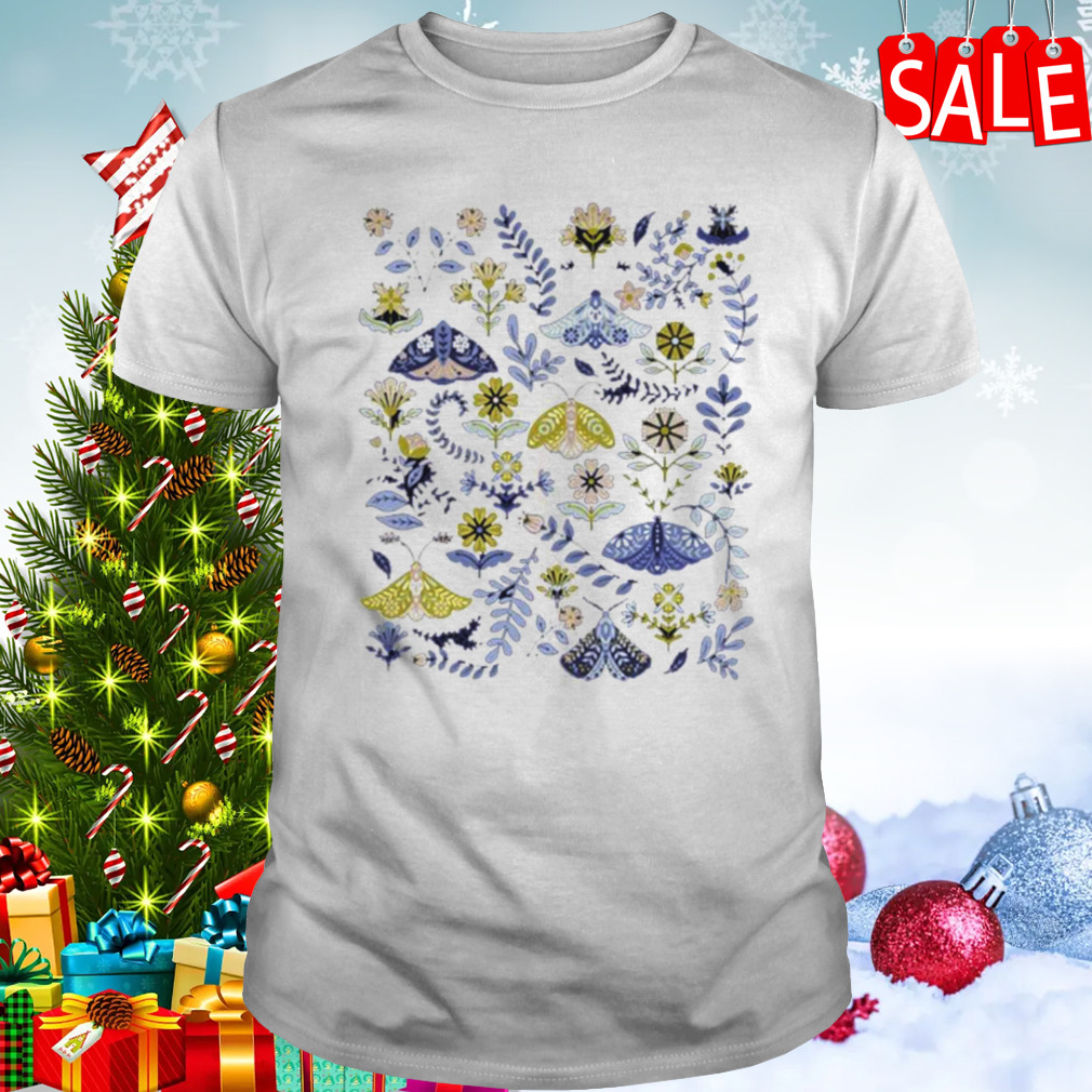 Cottagecore Blue Butterflies Flowes Scandinavian Folk Art shirt