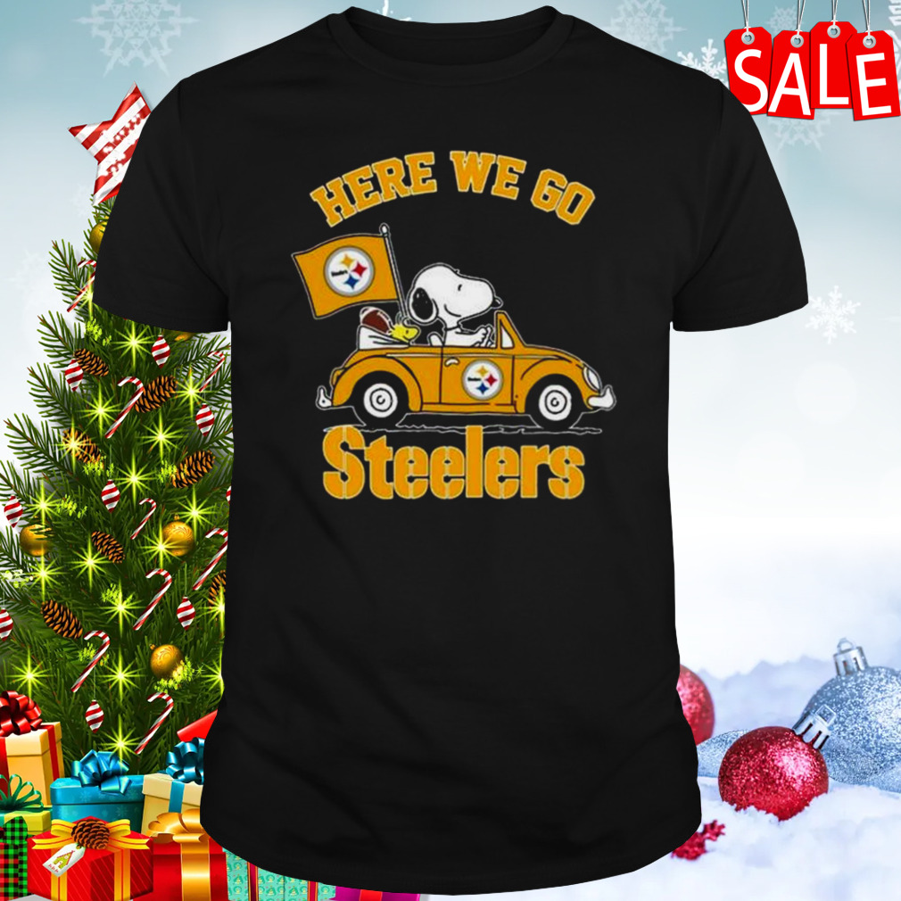 Snoopy And Woodstocks Driving Car Here We Go Pittsburgh Steelers Shirt