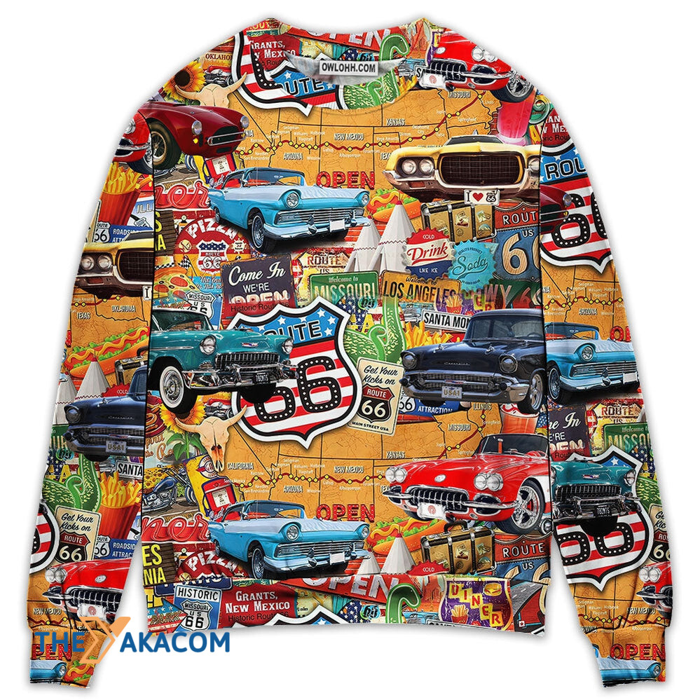 Car Vintage Route 66 Road Gift For Lover 3d Christmas Sweater