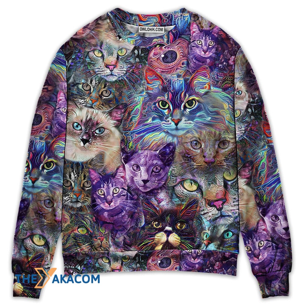 Cat Amazing Psychedelic Purple Gift For Lover 3d Christmas Sweater