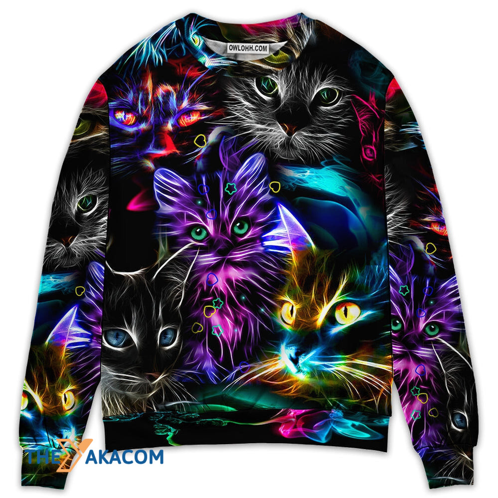 Cat Funny Neon Light Colorful Style Gift For Lover 3d Christmas Sweater