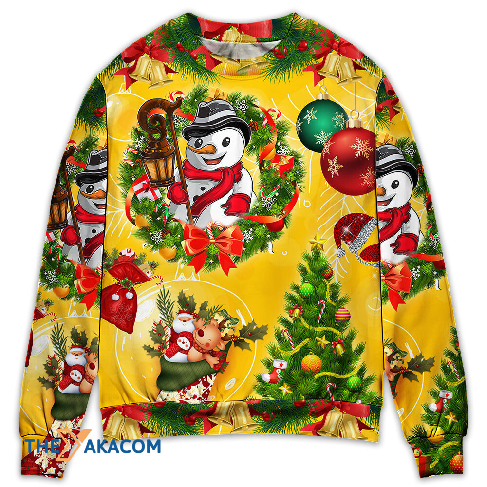 Christmas Funny Snowman Happy Christmas Tree Yellow Light Gift For Lover 3d Christmas Sweater