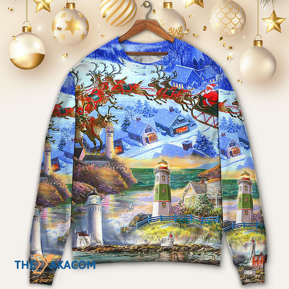 Lighthouse Christmas Santa Through The Storm Gift For Lover 3d Christmas Sweater