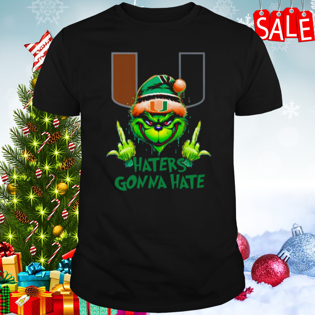 Miami Hurricanes Grinch Santa Middle finger haters gonna hate shirt