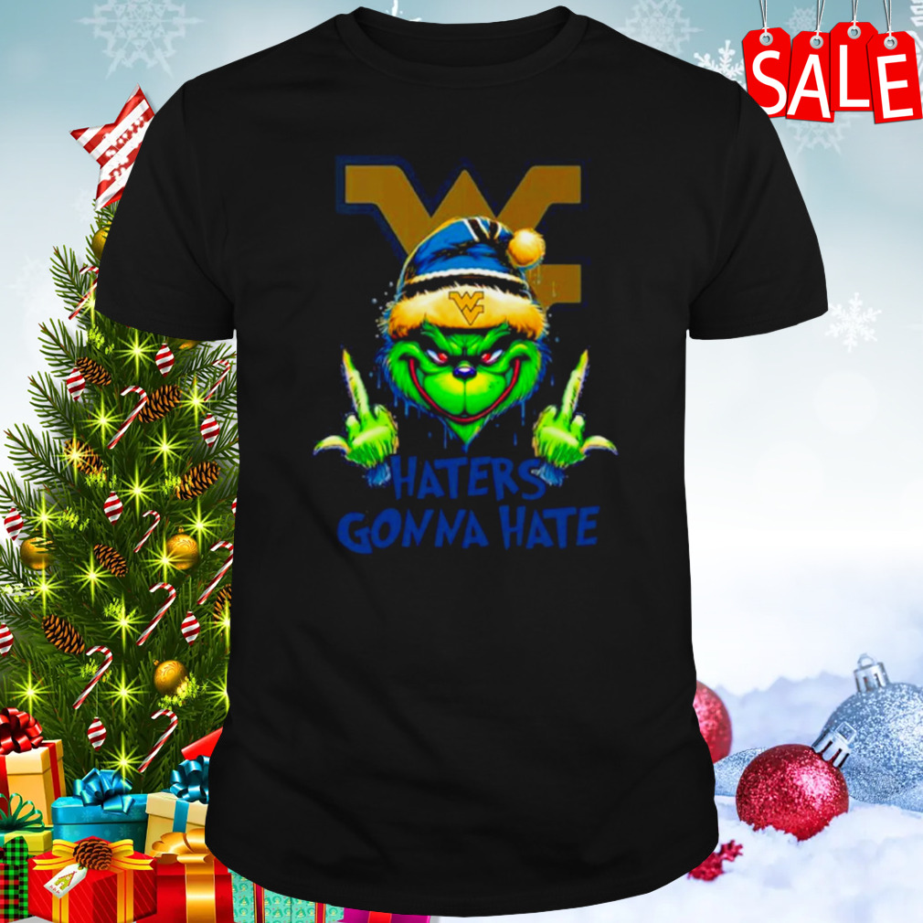 West Virginia Mountaineers Grinch Santa Middle finger haters gonna hate shirt