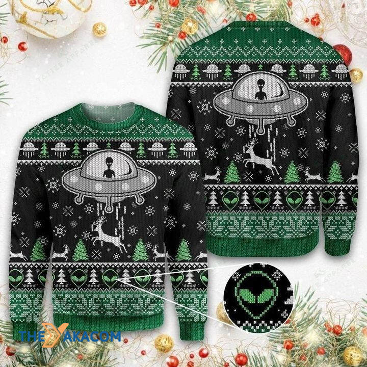 Alien In Ufo Kidnap Deer Running Gift For Christmas Ugly Christmas Sweater