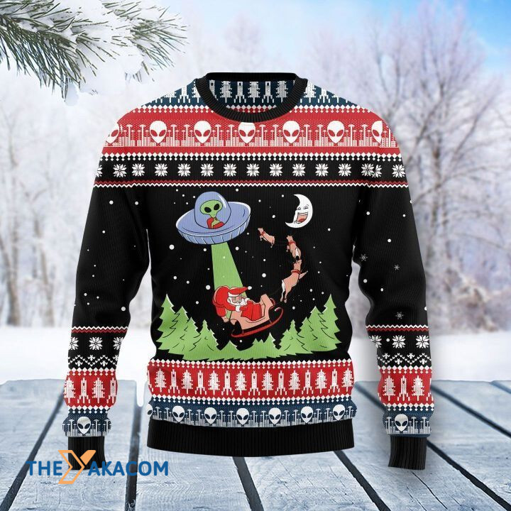 Alien Kidnap Santa Claus In Sleigh And Moon Laughing Gift For Christmas Ugly Christmas Sweater
