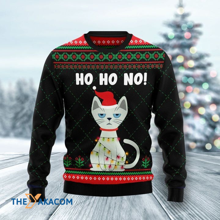 Angry White Cat With Colorful Light Ho Ho No Gift For Christmas Ugly Christmas Sweater